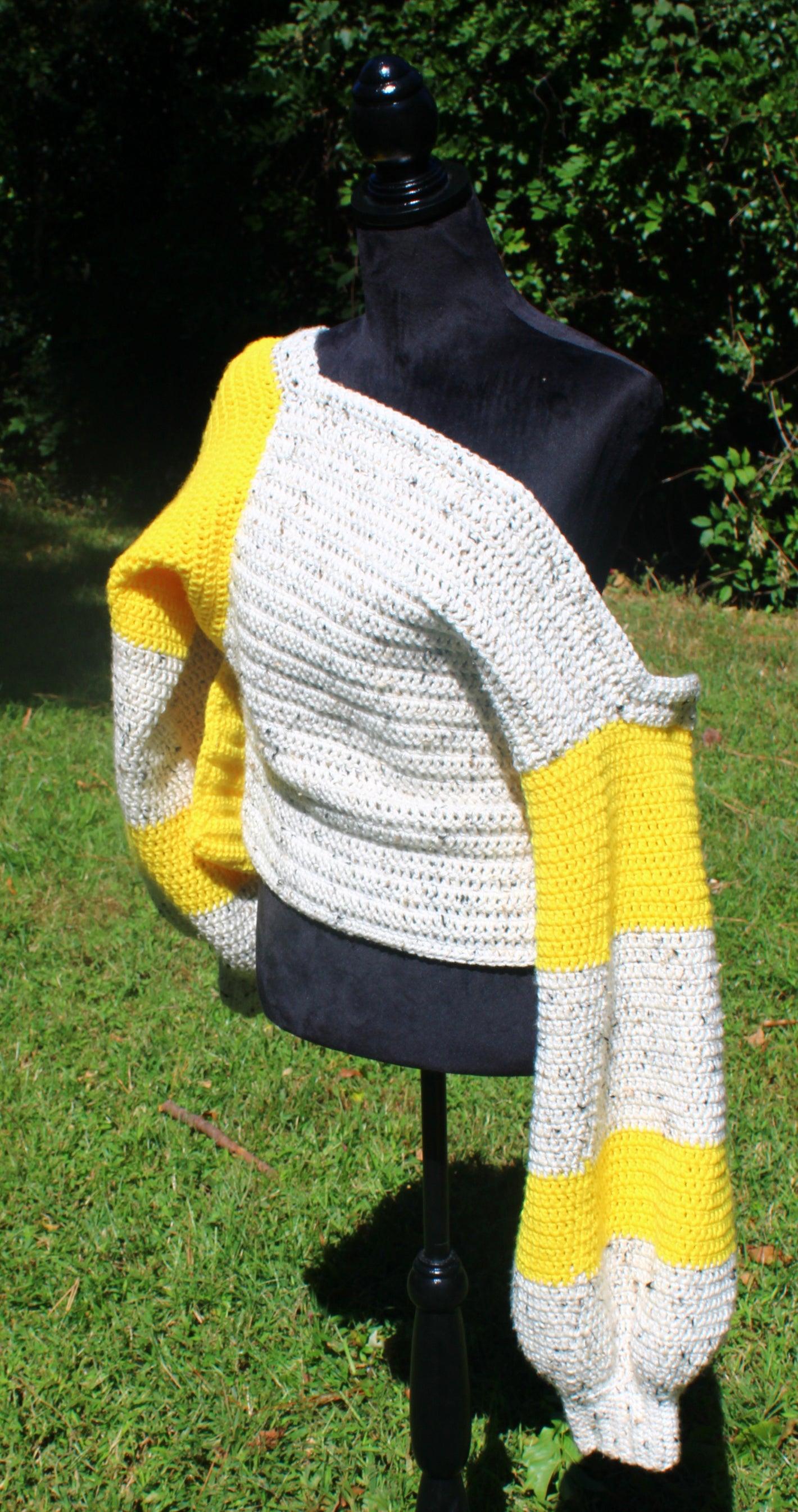 Off shoulder handmade crochet sweater in yellow and cream